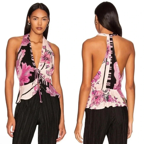 Nwt Free People Hot Tropics Floral Halter V-Neck Peplum Tank Top Dark Combo M - Picture 1 of 10